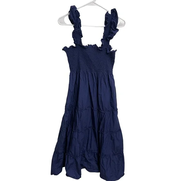 Hill House Nap Dress Navy Blue Midi Smocked Tiered Cotton Cottagecore Boho M